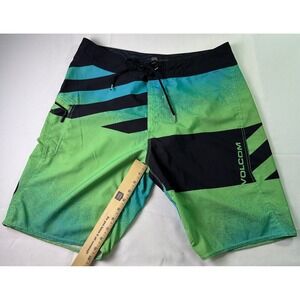Volcom Mod-Tech Board Shorts Mens 33 Green Black Striped Surf Swim Trunks 4-Way